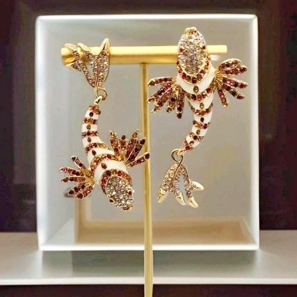 Vintage Estate Signed Crystal Japanese Coy Fish Gold Earrings